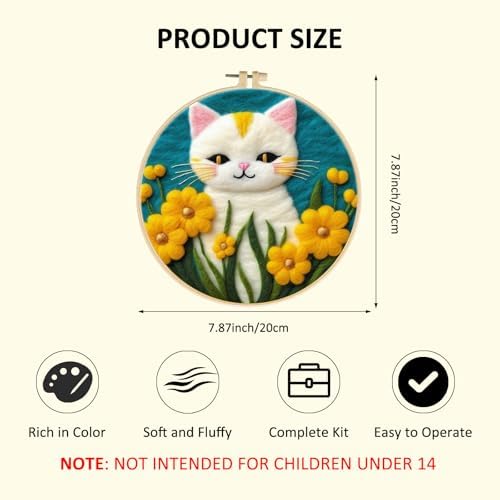 Zovylks Needle Felting Kit for Adults, 7.9 Inch Wool Felt Painting DIY Craft Set for Beginners, Needle Felt Starter Kit with Picture Frame, Foam Pad, Finger Cot (White Cat) - Image 2