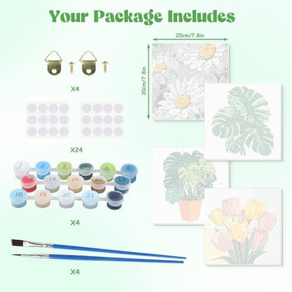 Lxmsja 4 Pack Bold Botanicals Paint by Numbers Kit for Adults, Easy Framed Paint by Numbers for Adults Beginner, DIY Acrylic Oil Painting Craft Kits for Home Wall Decor 8x8 inch - Image 6