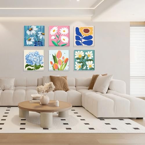 Bowetile 6 Pack Framed Paint by Numbers Kit for Adults Beginner, Flowers Adults' Paint-by-Number Kits on Canvas, Easy Acrylic Number Painting Kits Home Decor Gifts, 8x8in - Image 2