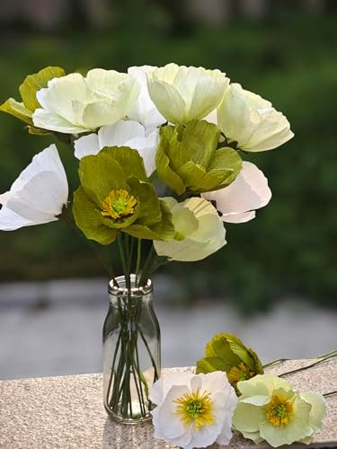 Mybbshower Sage Green White Crepe Paper Poppy Flower DIY Making Kit for Home Table Decor Gift Craft 24 pcs - Image 4