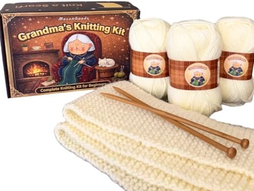 MaconGoods Grandma's Knitting Kit - Longer Scarf Kit - Complete Knitting Kit for Beginners - Includes Beginner Yarn, Bamboo Needles, Video Tutorial & Guide - Easy to Learn Knit Kit by MaconGoods