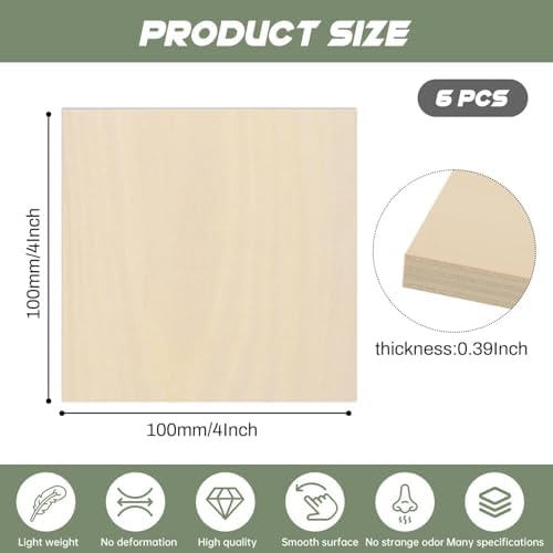 6 Pack Plywood Sheets, 4" x 4"x 0.39" Basswood Sheets - Image 2