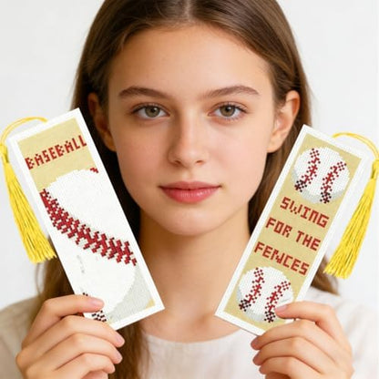 INFUNLY 6 Pcs Baseball Cross Stitch Bookmark Kit with Tassels, Stamped Pre-Printed Embroidery for Adult Beginners, Tools with Floss Scissors Needles Instructions, DIY Gift for Book Lovers - Image 7