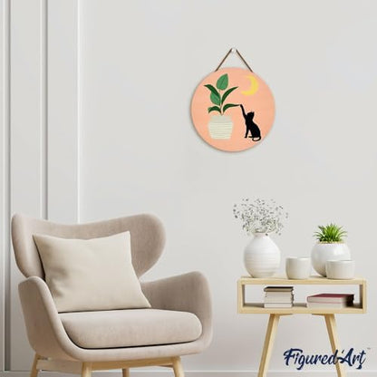 Figured'Art Paint by Numbers Kit for Adults on Wood Slice, 11.8in Diameter - Cat Plays with Plant in The Moonlight - Craft Art Painting DIY Canvas - Image 4