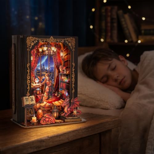 Book Nook Kit Dragon Covenant, 3D Wooden Puzzle with LED Lights, DIY Miniature Model Kit Room Home Decor, Holiday Birthday Christmas Day Gifts for Men Women Teens - Image 6