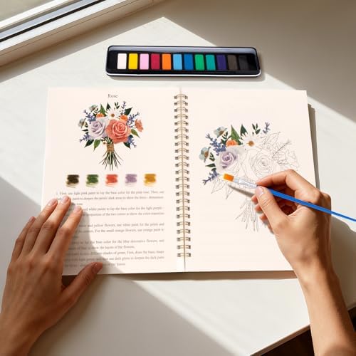 Watercolor Workbook for Adults, Beginner Friendly Watercolor Painting Kit Bouquet Water Coloring Book, Nature-Themed Practice Art Gift Water Color Paint Book with Palette and Brush - Image 3