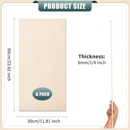 6 Pack 12 x 24 x 1/4 Inch-6mm Thick Basswood Sheets for Crafts Unfinished Plywood Sheets Rectangular Wood Panel Boards for DIY Laser Project, Wood Burning, Engraving, Architectural Models, Staining - Image 2
