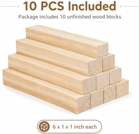 10 Pack Unfinished Wood Blocks, 6 x 1 x 1 Inch Wood Carving Blocks - Image 3