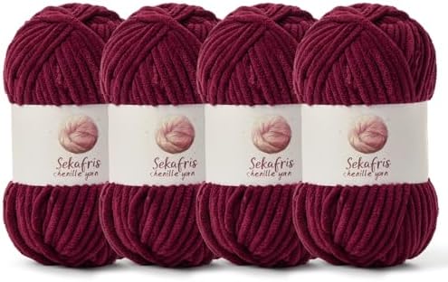 Chenille Blanket Yarn for Crocheting Size 5 Bulky Yarn 4 Burgundy by Sekafris