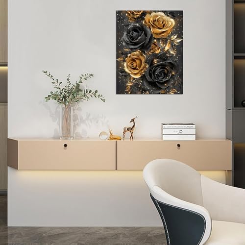 Black & Gold Roses Diamond Painting Kits for Adults,Flower Full Drill Diamond Art Kits for Beginners,Round 5D DIY Diamond Dots Paintings, Diamonds Pictures Gem Art and Crafts Home Decor 12x16 inch - Image 2