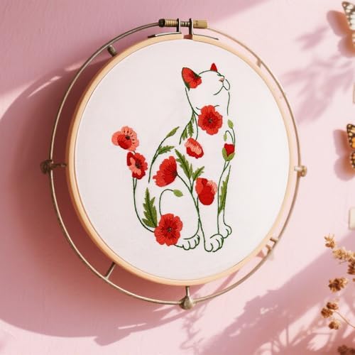 Crafmanoe Cat Embroidery Kits for Beginners Adults, Flowers Embroidery Starter Kits, Counted Cross Stitch Kits for Beginners Adults Hobbies Set for Women, Embroidery Hoops, Thread and Video Tutorial - Image 2