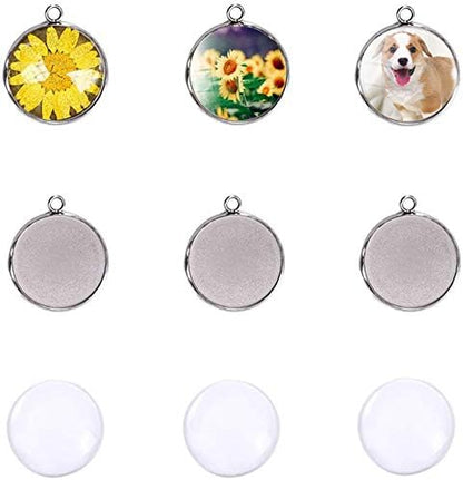 LANBEIDE 30Pcs Round Pendant Blank Tray with 30Pcs Clear Glass Cabochons by LANBEIDE