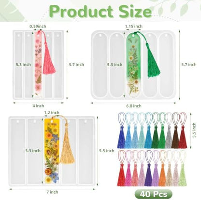 3 Pcs Bookmark Silicone Molds, Rectangle Bookmarks Molds with 40 Pcs Tassels, Bookmarks Resin Mold for DIY Home Decoration, Art Crafts, Birthday Gifts (Bookmark) - Image 2