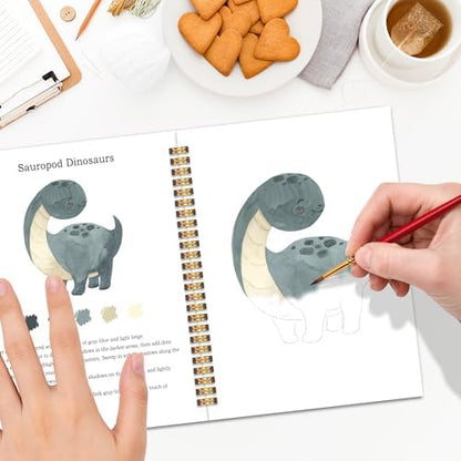 Easy Dinosaur Watercolor Workbook for Beginners, Water Coloring Book, 18 Colors Watercolors Paint Set, 12 Patterns Watercolor Kit, Fun Family Art Activity, Gift for Adults Teen - Image 5