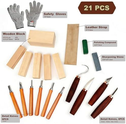 21-Piece Wood Carving Tools Kit - Complete Whittling Set with Detail Knives, Hook Knives, Sharpening Stone, Basswood Blocks & Cut Resistant Gloves for Beginner & Advanced Wood - Image 2