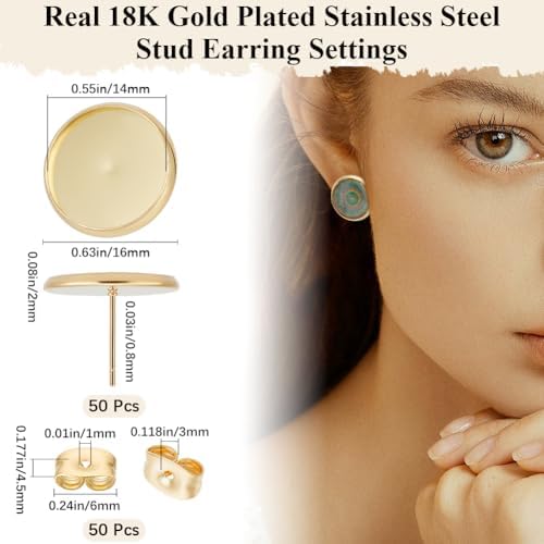 Beebeecraft 1 Box 50Pcs 14mm Stud Earring Kit 18K Gold Plated Stainless Steel Tray Cabochon Earring Settings Bezel Cup Blanks Earring Posts and Back for Jewelry Making Supplies Earring Findings - Image 2