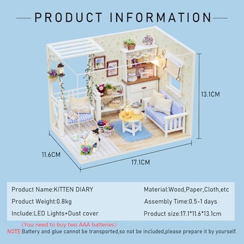 CUTEROOM DIY Miniature House Kit - Mini Craft Rooms for Adults with LED Lights, Realistic Mini Dollhouse Kit Building Model Kit, Creative Home Decor Gift- Kitten Diary - Image 2