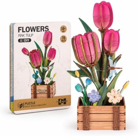 Evankin 3D Wooden Pink Tulip Puzzle Kit, DIY Bouquet Model by Evankin