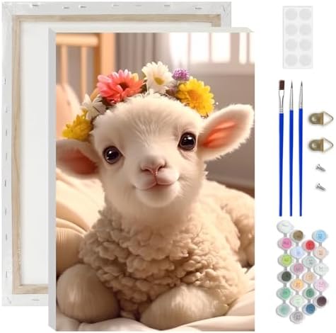 Lxmsja Fluffy Lamb Paint by Numbers Kit for Adults, Lamb Flower Acrylic Paint by Numbers for Adults Beginner, DIY Craft Supplies Oil Painting Kits for Home Wall Decor 8x12 inch (Framed) by Lxmsja