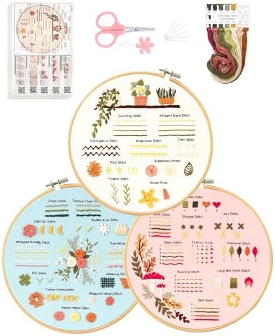 Santune 3 Sets Embroidery Kit for Beginners Adults,Learn Over 30 Different Stitches,DIY Cross Stitch Kits,Including Clear Instructions,Video Tutorials,Stamped Flower Patterns,Hoop,Color Threads,Tools by Santune