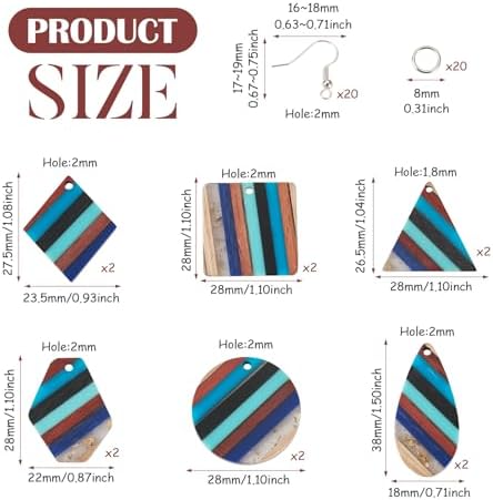 FASHEWELRY Striped Resin Wood Earrings Charms Cyan Rhombus Teardrop Flat Round Wooden Earring Blanks Earring Findings Wooden Earring Pieces for Jewelry Making, 52pcs/box - Image 7