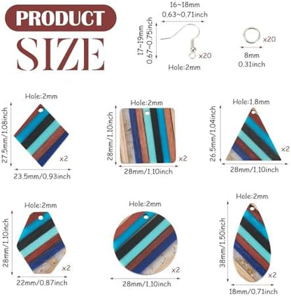 FASHEWELRY Striped Resin Wood Earrings Charms Cyan Rhombus Teardrop Flat Round Wooden Earring Blanks Earring Findings Wooden Earring Pieces for Jewelry Making, 52pcs/box - Image 7