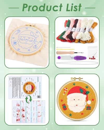 ERKOON Christmas Punch Needle Kit Adults Beginners, DIY Easy Christmas Embroidery Set for Starter Art Craft, Needling Punch Project with Patterns, Tools, Yarns, Hoop, Instruction (Santa Claus) - Image 2