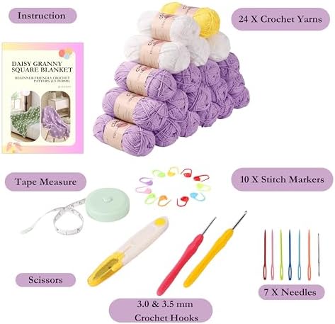 CSWCS Crochet Blanket Kit for Beginner, Purple Daisy Granny Square Throw Kit for Adults, Easy Learn How to Knitting with Yarn & Hook, Complete Starter Set with Step-by-Step Instructions (39'' x 31'') - Image 2