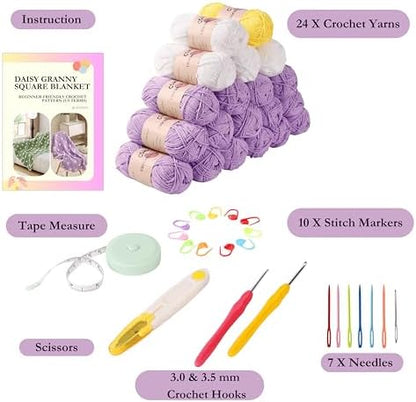 CSWCS Crochet Blanket Kit for Beginner, Purple Daisy Granny Square Throw Kit for Adults, Easy Learn How to Knitting with Yarn & Hook, Complete Starter Set with Step-by-Step Instructions (39'' x 31'') - Image 2