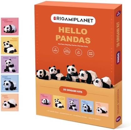 Hello Pandas 3D Origami Paper Craft Gift Set 5 pcs, Panda Fanfan/Xingxing/Papa/Hanhan/Tuan Tuan Pre Cut Origami Kit, Cute Animal Paper Sculpture for Teens & Adults, Home Decor Art Gift by Unknown