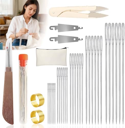 33pcs Big Eye Steel Sewing Kits Christmas White Elephant Gifts for Grandma Adults Teen Girls Beginner Traveler DIY Craft Enthusiasts, Threader and Stainless Steel Sewing Needles, Storage Pouch by Goodqualityforyou