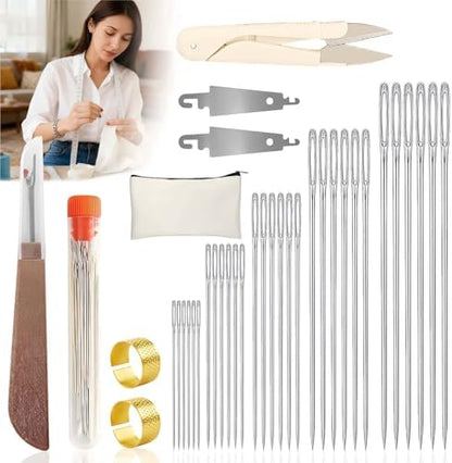 33pcs Big Eye Steel Sewing Kits Christmas White Elephant Gifts for Grandma Adults Teen Girls Beginner Traveler DIY Craft Enthusiasts, Threader and Stainless Steel Sewing Needles, Storage Pouch by Goodqualityforyou