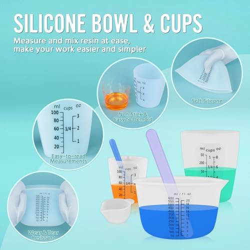 Silicone Resin Mixing Measuring Cups for Resin Supplies, Easy-to-Read Marks, 600ml/20oz Bowl, 250&100ml Thickened Reusable Silicone Cups for Epoxy Mixing, with Stir Sticks, Jewelry Making - Image 3