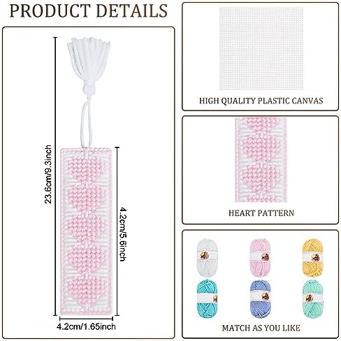FREEBLOSS 12 Set Bookmark Kit 6 Colors Yarn Plastic Canvas Heart Pattern Bookmark Cross Stitch Kit with Instruction Plastic Canvas for Embroidery Crafting Adults - Image 3