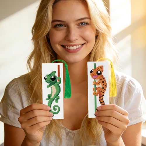 INFUNLY Lizard Cross Stitch Bookmark Kit 10x7.7 Gecko Embroidery Bookmark Kit DIY Embroidery Bookmarks for Readers Chameleon Handmade Cross Stitch Bookmarks for Book Lovers Writers Craft Gift - Image 7