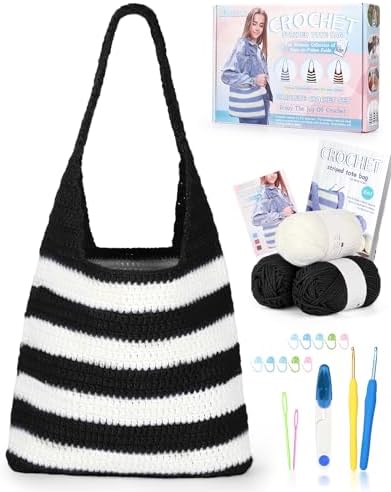Katech Crochet Kit for Beginners w/Striped Tote Bag 3-1 Crochet Book Black by Katech