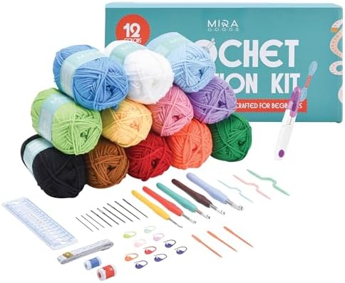 Mira HandCrafts Crochet Kit for Beginners - Essentials Set with 12 Acrylic Yarn Skeins and Other Knitting Accessories, Including Ruler, Hooks, Needles, Stitch Holders, Row Counters, Measuring Tape by MiraHandCrafts