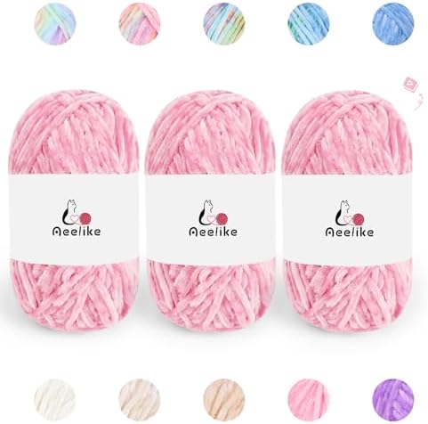 Aeelike 3 Pack Chenille Yarn,Soft Polyester,Each 100g/10.5oz 197yds,Pink by Aeelikescrochetworld