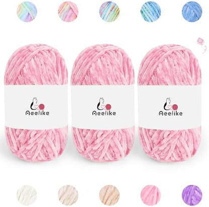 Aeelike 3 Pack Chenille Yarn,Soft Polyester,Each 100g/10.5oz 197yds,Pink by Aeelikescrochetworld
