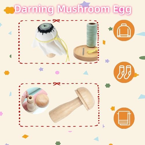 YFXJC Mini Darning Mushroom, Darning Weaving Tool Set with Small Weaving Loom Kit with 14 Pcs Large Eye Needles 50 Colors Thread for DIY Handicraft Home Sewing Care (Orange-Mushroom) - Image 4