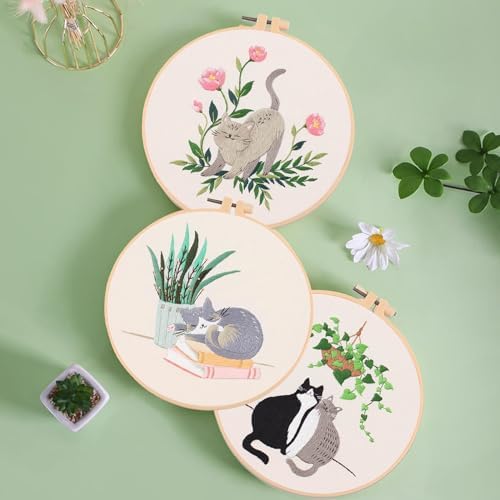 Ohcol 3 Sets Cat Embroidery Kit,Needlepoint Kits for Adults Beginner,Needle Point Sets with Washable Pre-Printed Pattern,1 Hoop,Women Hand Crafts - Image 4