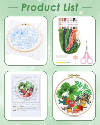 ERKOON Embroidery Kit for Beginners, Flower Cross Stitch Set for Include Embroidery Cloth Hoops Threads for Craft Lover Hand Stitch with Embroidery Skill Techniques (Greenery) - Image 2