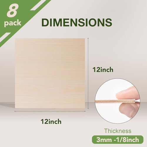 Rowood 8 Pack Maple Plywood 1/8,12x12x1/8inch,3mm Wood Sheets Thin Unfinished Maple Plywood for Laser Cutting and Engraving,DIY Adult Craft Project Kits for Ornaments, Models Drawing,Wood Burning - Image 2