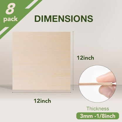 Rowood 8 Pack Maple Plywood 1/8,12x12x1/8inch,3mm Wood Sheets Thin Unfinished Maple Plywood for Laser Cutting and Engraving,DIY Adult Craft Project Kits for Ornaments, Models Drawing,Wood Burning - Image 2