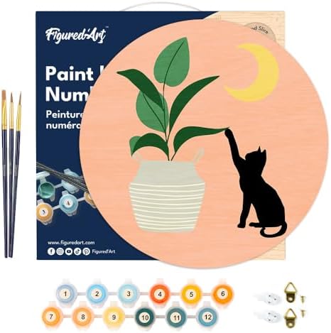 Figured'Art Paint by Numbers Kit for Adults on Wood Slice, 11.8in Diameter - Cat Plays with Plant in The Moonlight - Craft Art Painting DIY Canvas - Image 7