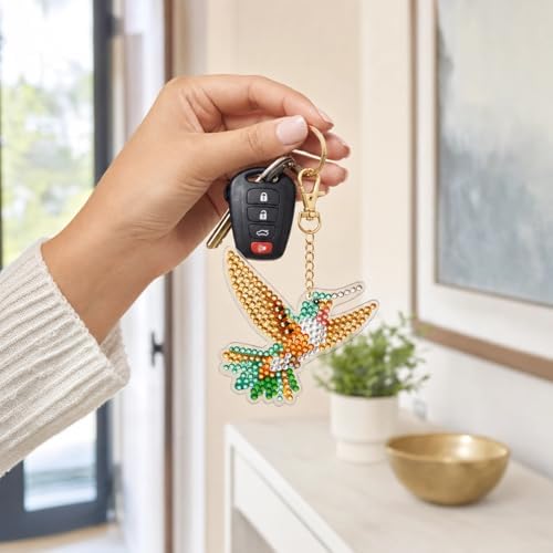 15 pcs Summer Theme Diamond Art Keychain Ornaments Double Sided 5D DIY Diamond Painting Keychain Kits for Adults Key Ring Art Pendant Decor (Hummingbird) - Image 4