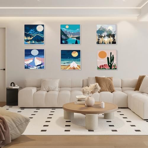 Bowetile 6 Pack Paint by Numbers for Adults Beginners Framed, Landscape Adults' Paint-by-Number Kits, Easy Adult Paint by Number Kits on Canvas, Acrylic Number Painting for Home Decor, 8x8in - Image 2