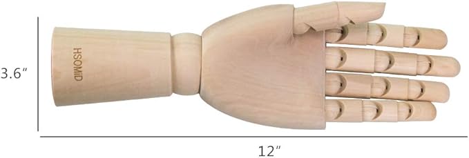 HSOMiD Flexible Wooden Artist Manikin - Moveable Hand Figure, 12 Inches, Men's Left Hand for Sketching, Drawing, Painting & Home Office Decoration
