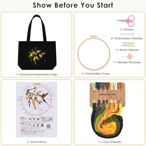 ERKOON Embroidery Canvas Tote Bag for Beginners, Floral Arts Crafts Cross Stitch Kits for Adults Including Stamped Embroidery Bag with Hoops, Needle, Instruction and Color Threads (Hummingbird) - Image 2