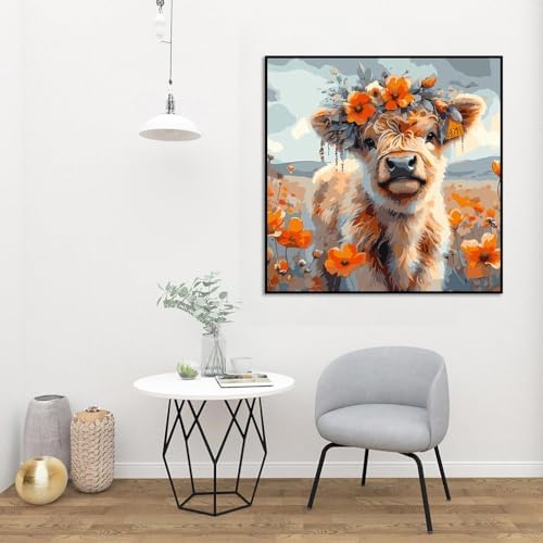 AALBLAC Cow Paint by Numbers for Adults - Highland Cow Flower Paint by Numbers for Adults Beginners, Acrylic Simple Paint by Number Canvas for Gift Home Decoration (16x16 Inch) - Image 4